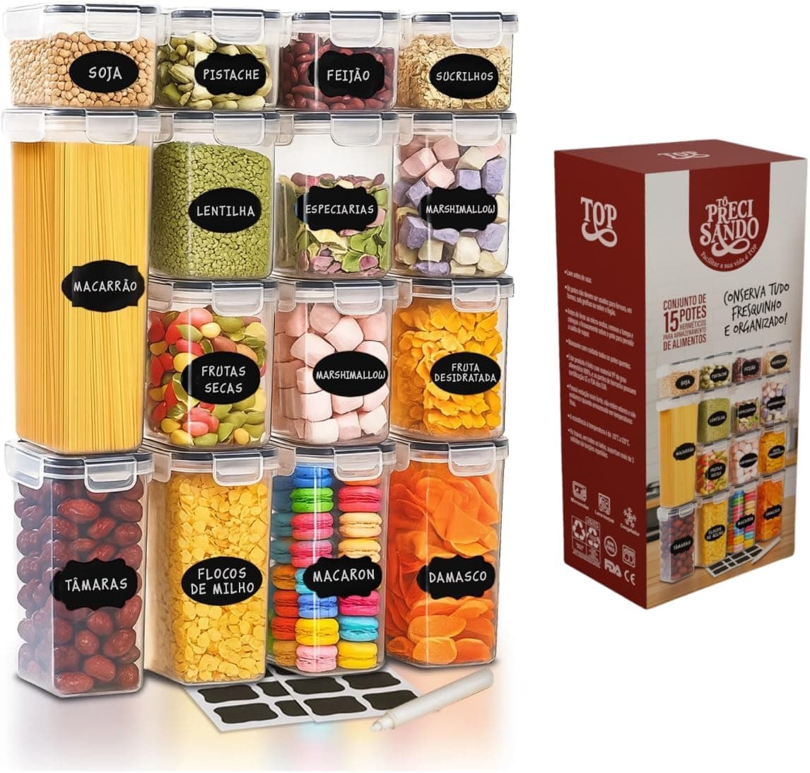 Kit com 15 Potes Herméticos